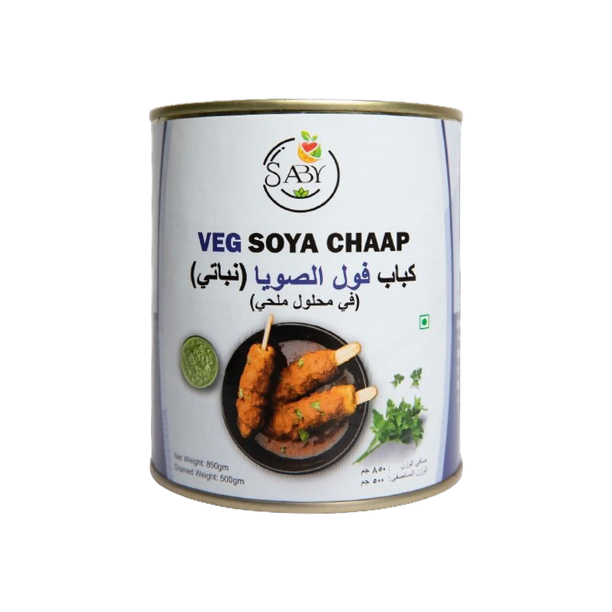 A packaged product labeled Saby Veg Soya Chaap in a can, displaying the product and its name in English and Arabic.