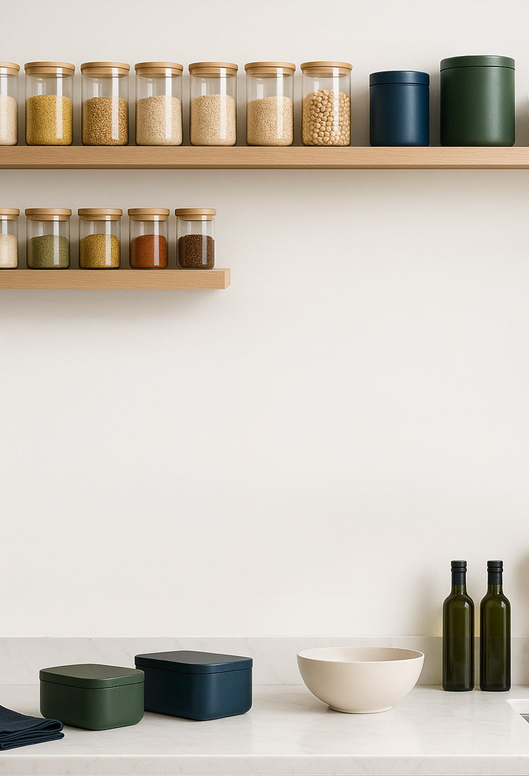 Shelves with jars and containers on a white wall