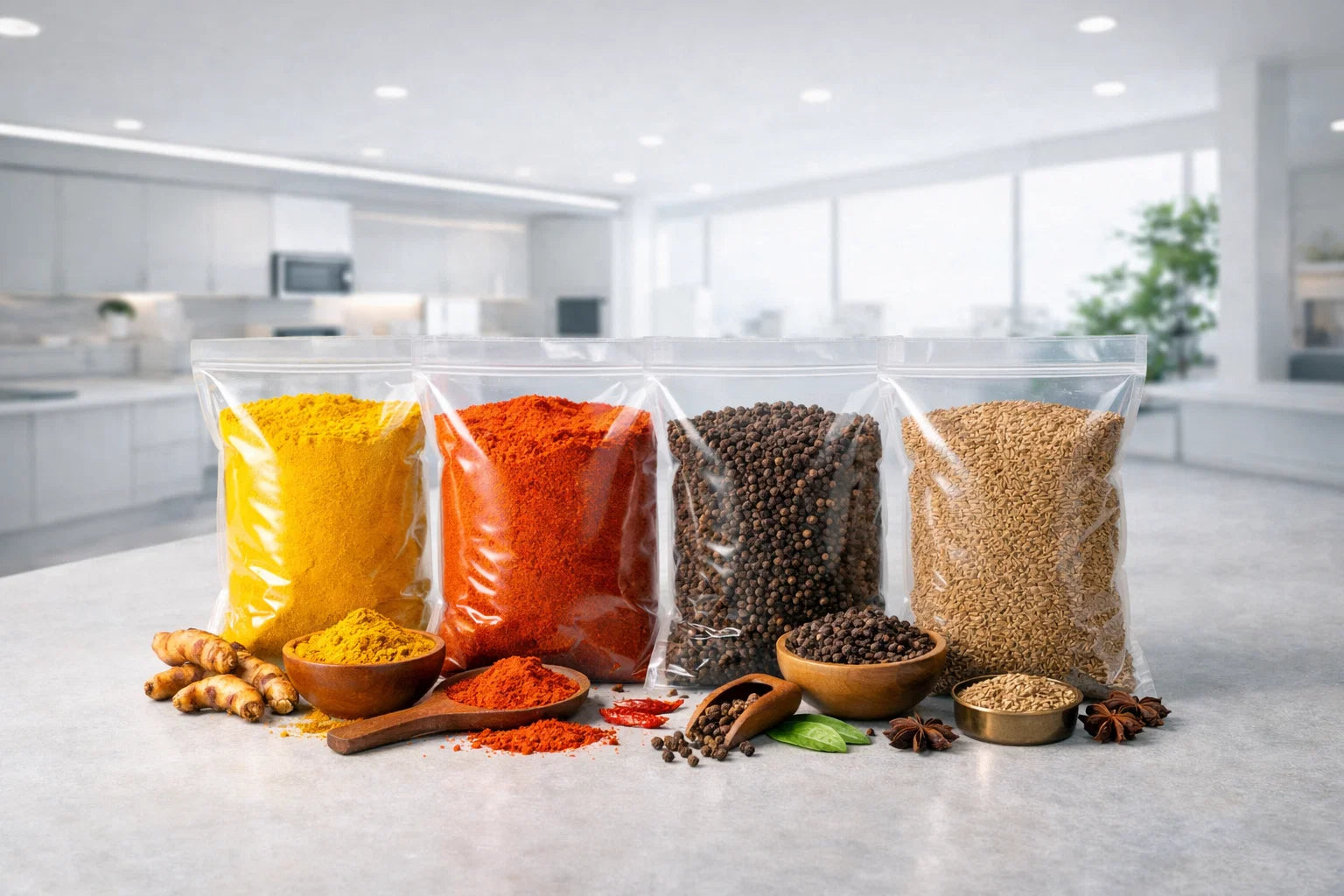 Spices in clear bags on a kitchen counter with a modern kitchen background