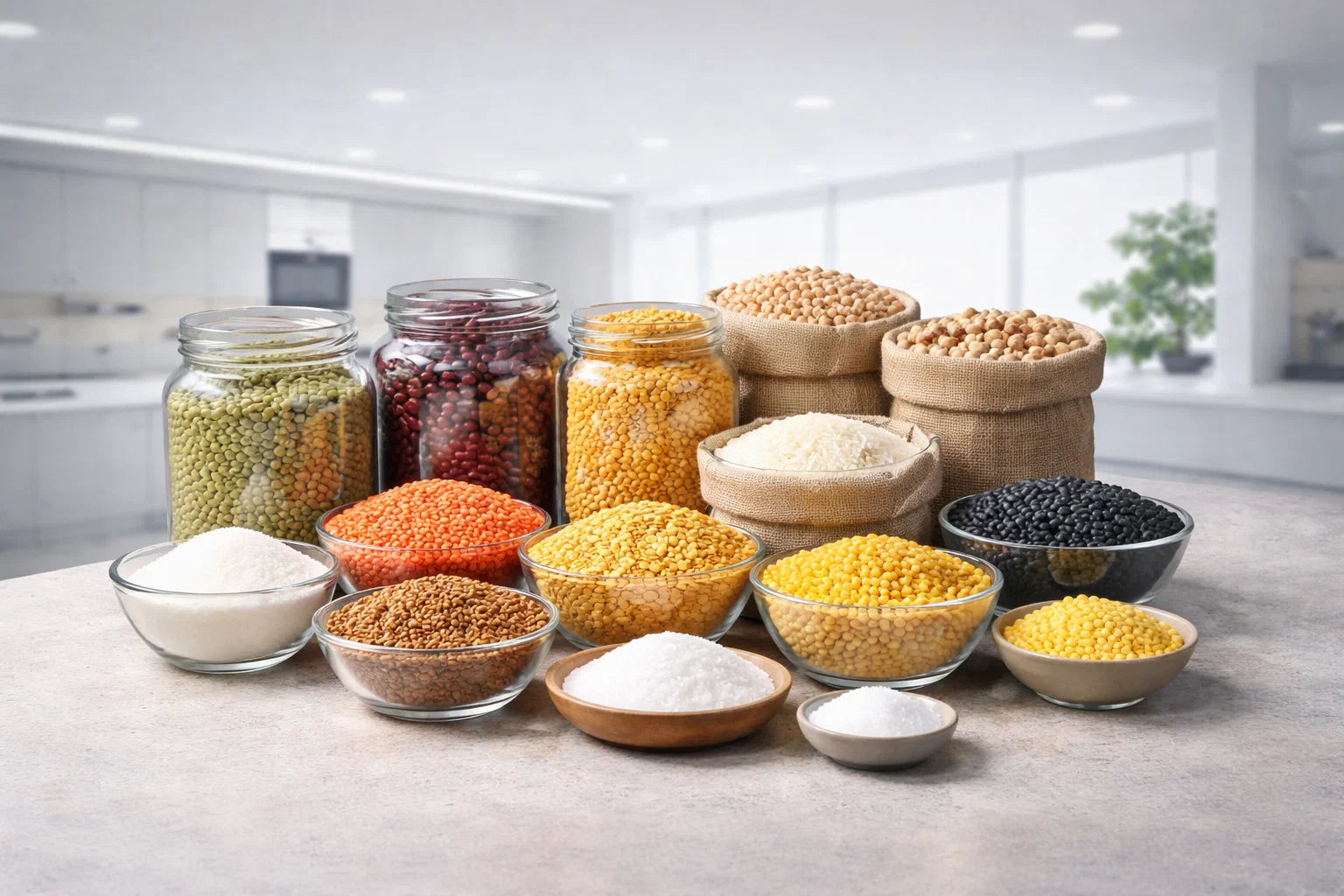 Assorted grains and legumes in bowls and jars on a kitchen counter.