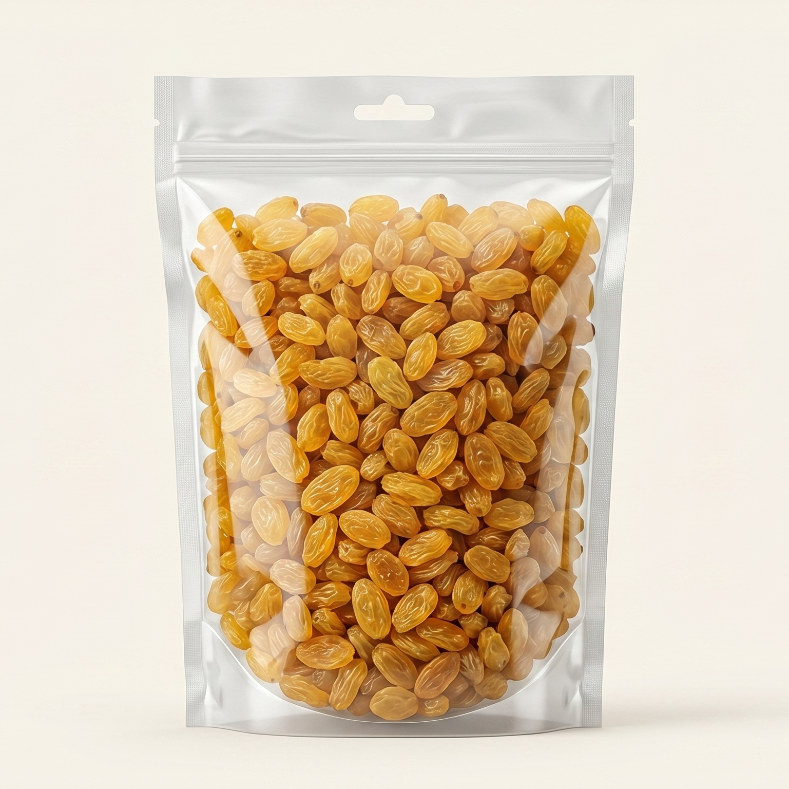 Clear plastic bag with golden raisins on a light beige background