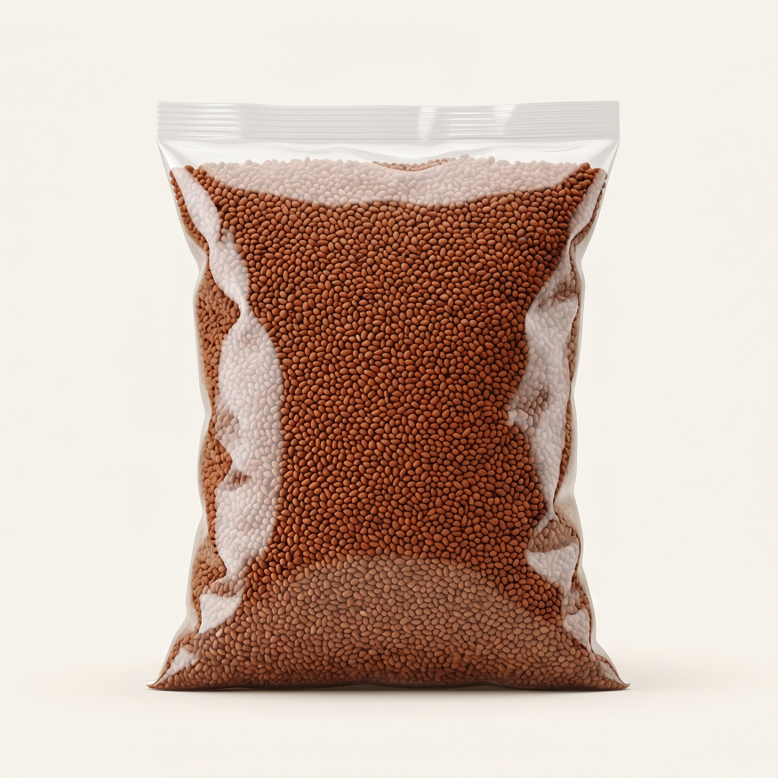 Clear plastic bag filled with Garden Cress on a white background