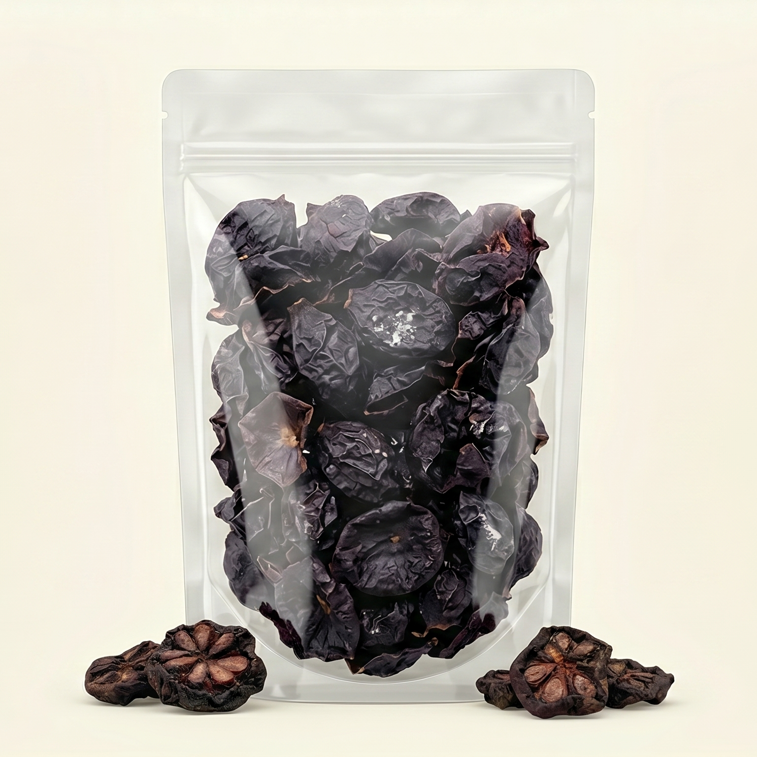 Clear plastic packaging with Lonavala Kokum on a beige background