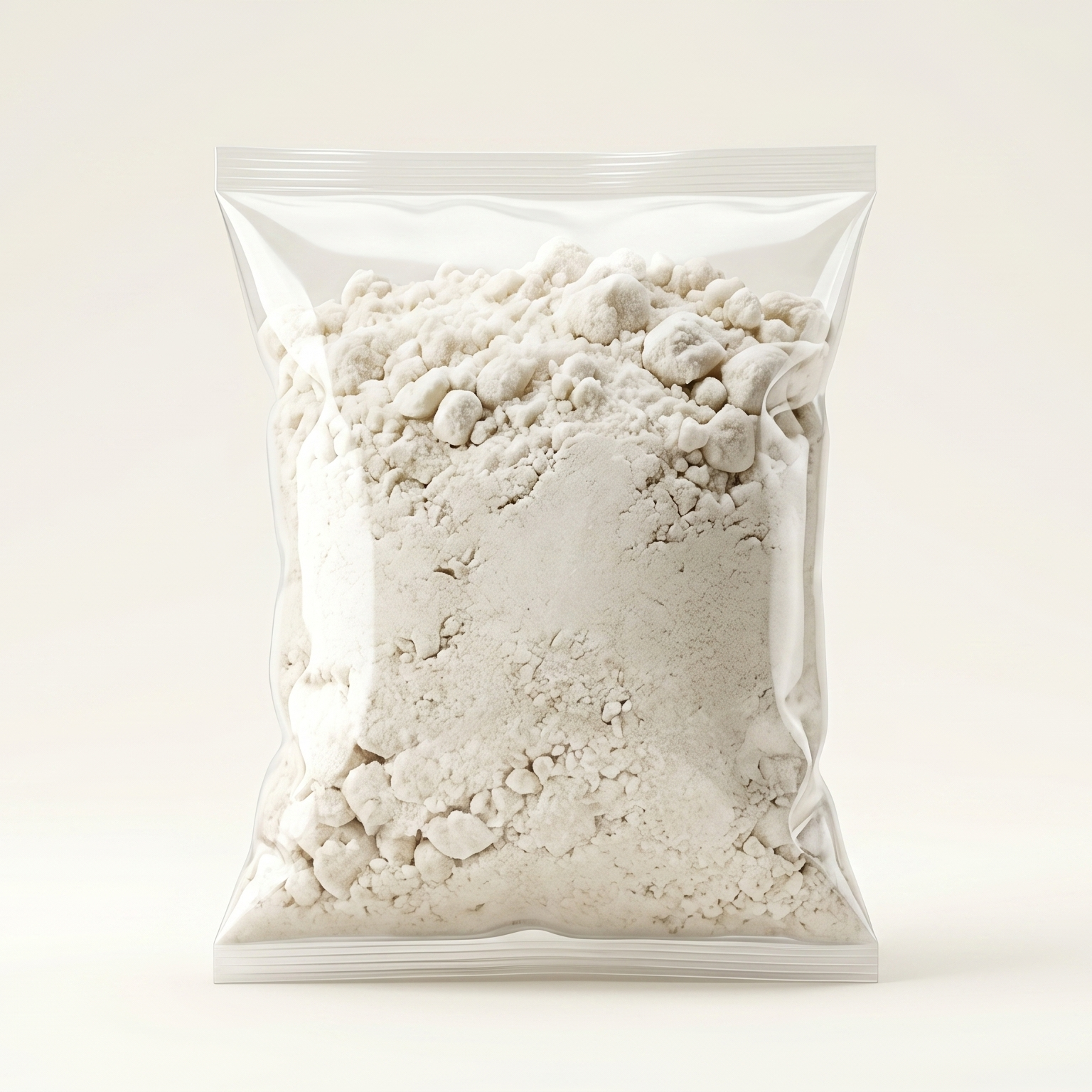 Clear plastic bag filled with white Alkaline Salt stones and poweder on a light beige background