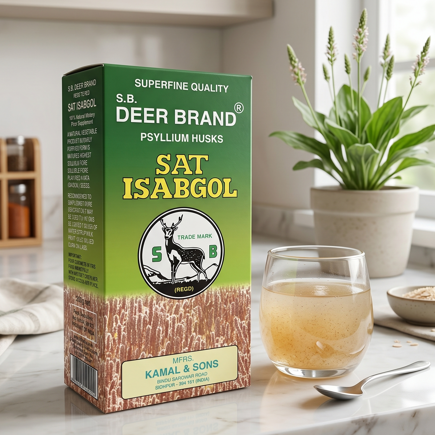 Box of S.B. Deer Brand Sat Isabgol on a kitchen counter with a glass of liquid and plant in the background.
