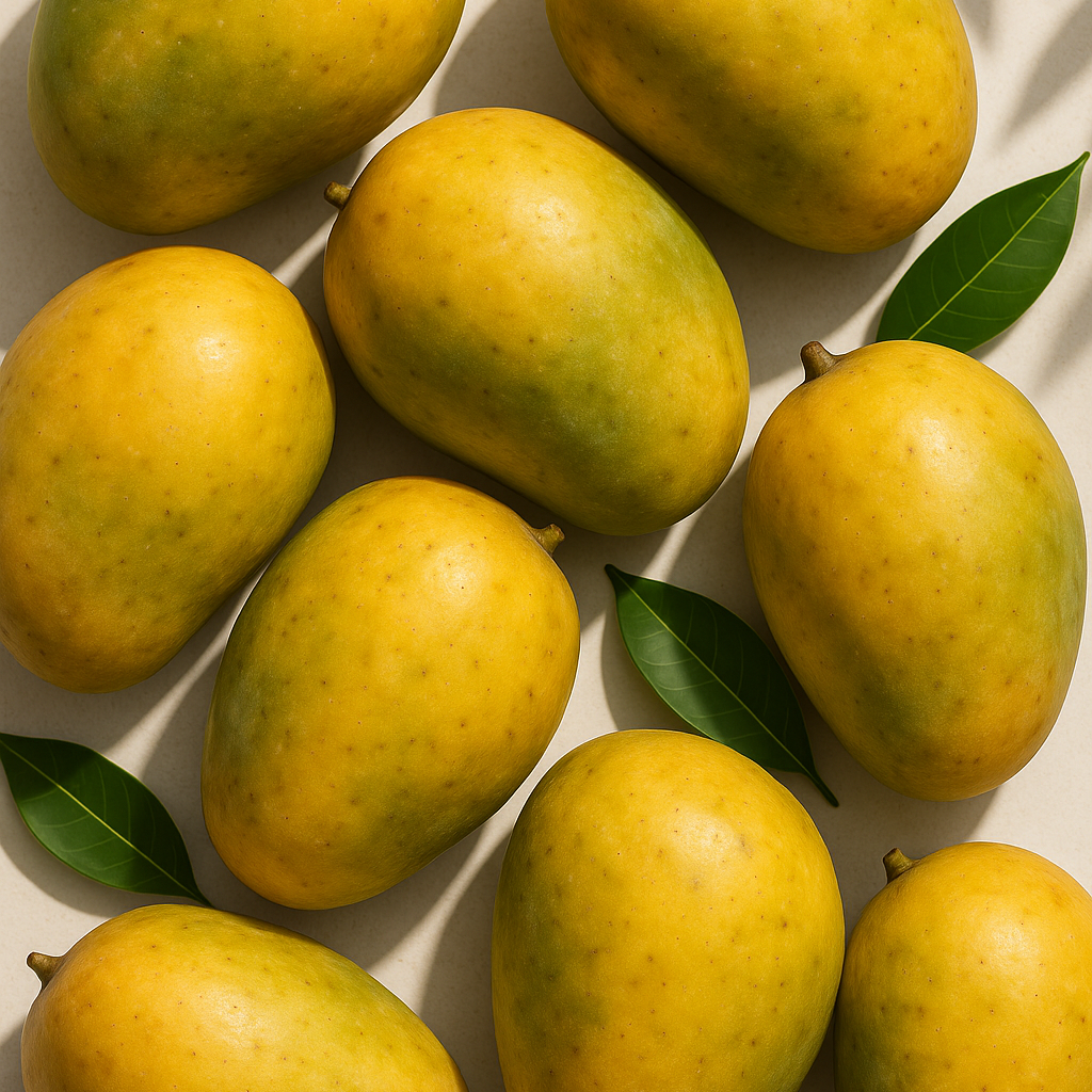 Yellow mangoes with green leaves on a light background